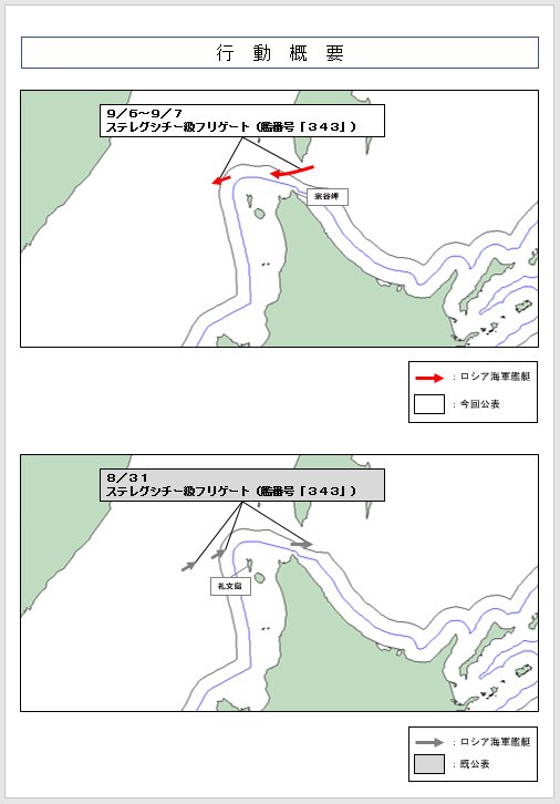 ModJapan_jp's tweet photo. 令和８年９月６日から７日にかけて、ロシア海軍ステレグシチー級フリゲート１隻が宗谷海峡を西進したことを確認しました。
防衛省・自衛隊は、海上自衛隊の第４哨戒防備隊所属「はやぶさ」（舞鶴）及び第２航空群所属「Ｐ－３Ｃ」（八戸）により、警戒監視・情報収集を行いました。 https://t.co/OYG6j50gRt