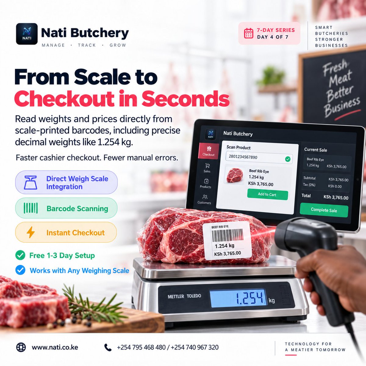 NATIERPke's tweet photo. Weigh → Print barcode → Scan → Sell. ⚖️ Nati Butchery reads weights and prices from scale-printed barcodes, including precise weights such as 1.254 kg, for faster cashier checkout. 🌐 https://t.co/D5gr3iDRBs #NatiButchery https://t.co/5eR7HqAS6w
