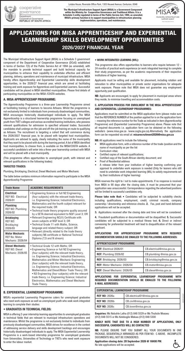 NationalCoGTA's tweet photo. SKILLS DEVELOPMENT OPPORTUNITIES | MISA 2026/27

Ready to turn your qualification into practical experience?

@MISA_CoGTA  is inviting applications for its Apprenticeship and Experiential Learnership Programmes. https://t.co/RDrWOFVFH5