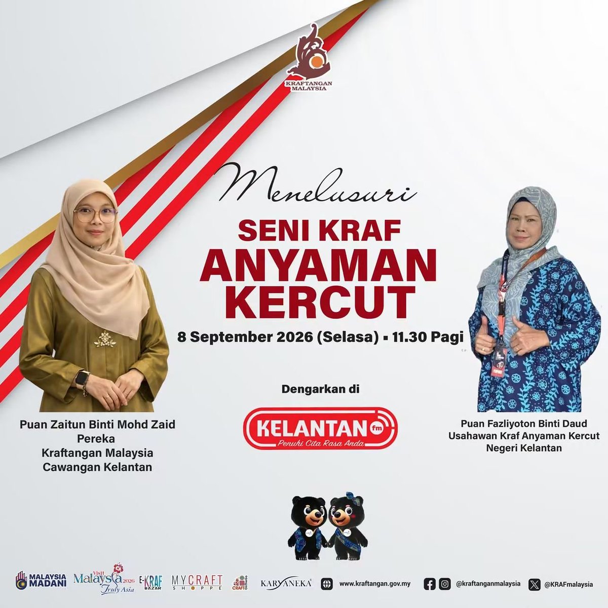 pkkelantan's tweet photo. Dengarkan wawancara radio bersama Puan Zaitun binti Mohd Zaid,  Pereka Kraftangan Malaysia Cawangan Kelantan dan Puan Fazliyoton binti Daud, Usahawan Kraf Anyaman Kercut di saluran KELANTANfm yang akan bersiaran pada : 

🔸Tarikh : 8 September 2026 (Selasa)
🔸Masa  : 11.30 pagi https://t.co/cFM3LPtzlj
