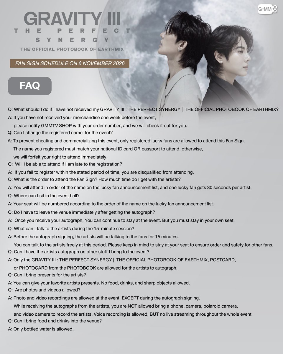 GmmtvShop's tweet photo. List of the 120 lucky fans to attend the GRAVITY III : THE PERFECT SYNERGY |  THE OFFICIAL PHOTOBOOK OF EARTHMIX FAN SIGN on Friday, 6 November 2026 at 21st Floor Auditorium Room, GMM Grammy Place Building.

List of all 120 lucky fans: https://t.co/1kZ8o1YSI4

#GRAVITYIIIxEarthMix 
#EarthMix
#GMMTV
