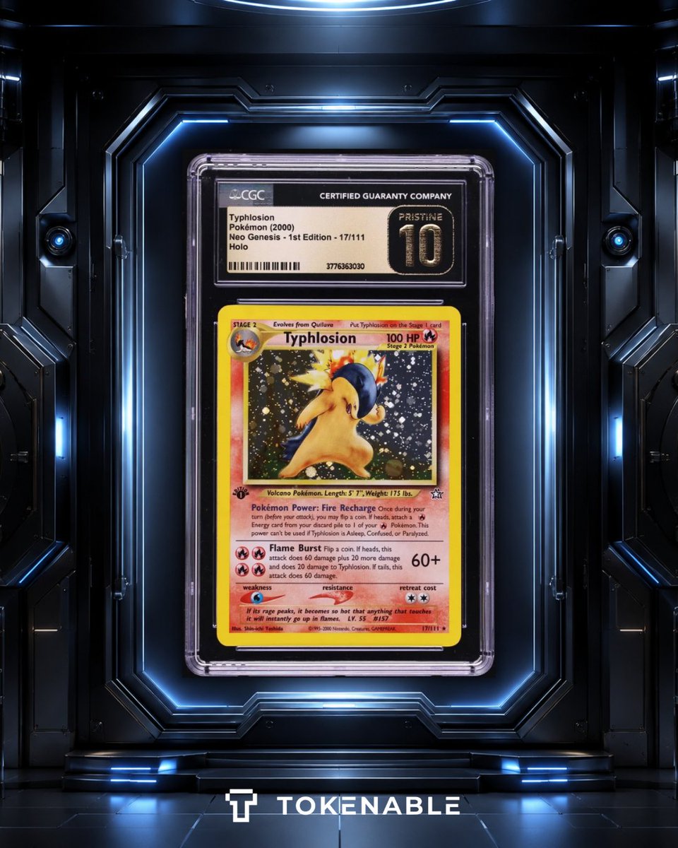 tokenable_io's tweet photo. Two Neo Genesis grails just destroyed their previous records in the same auction.

A 1st Edition Neo Genesis Lugia PSA 10 sold for $360,000 at Fanatics Collect.

Its previous public benchmark?

$205,794 in June.

That's a 74.9% increase in less than three months.

But Typhlosion moved even harder.

A 1st Edition Typhlosion #17 CGC Pristine 10 sold for $336,000, compared with a previous same-grade benchmark of $81,250 in April.

That's approximately +313.5%.

Together, the two cards generated $696,000.

This isn't just another Pokémon record.

Both assets come from 2000 Neo Genesis, and both are seeing aggressive repricing simultaneously.

That suggests the market may not simply be chasing individual Pokémon.

Capital could be moving deeper into elite vintage Pokémon as an asset category.