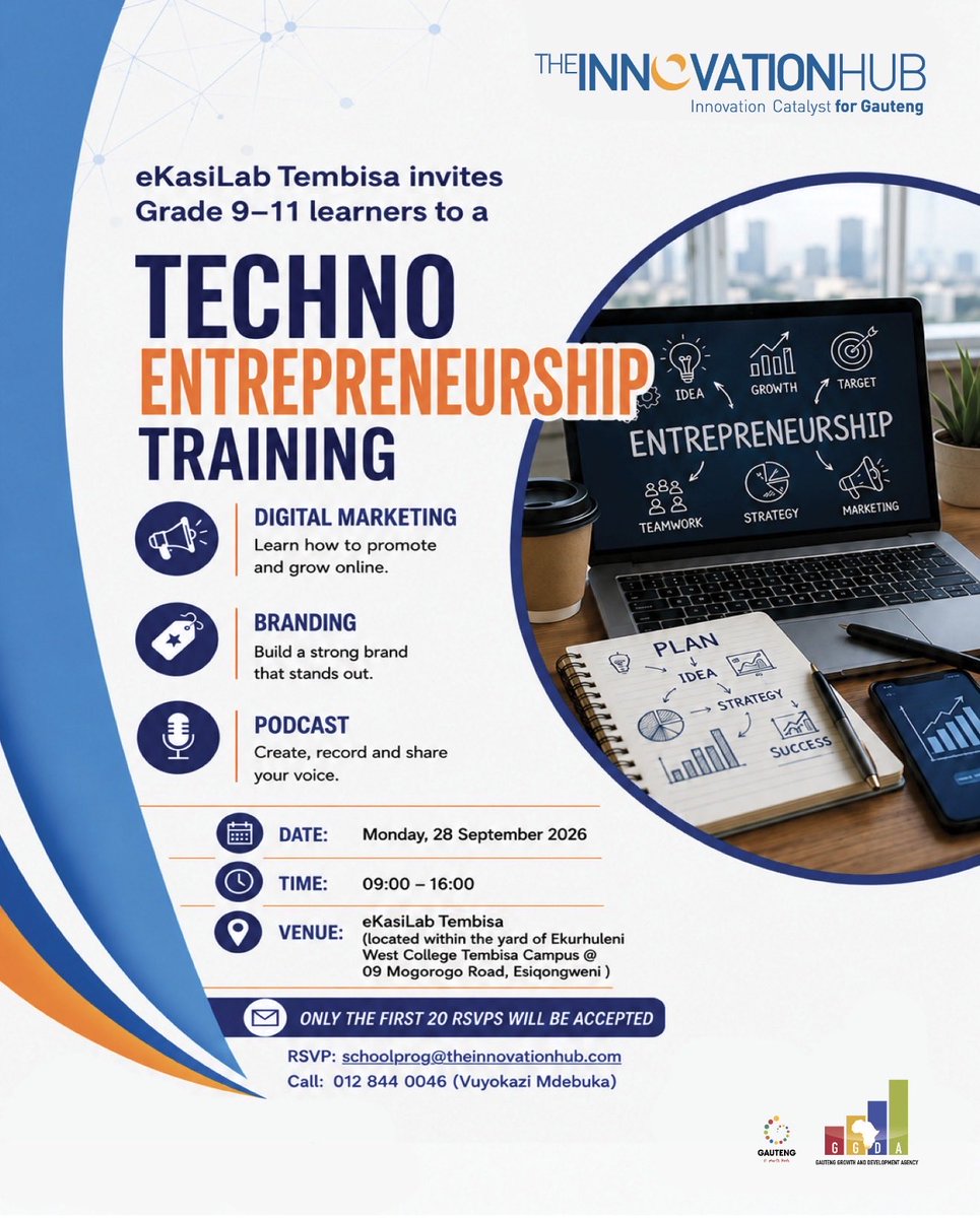 InnovHub's tweet photo. Gauteng learners, Grades 9–11 — it’s time to pick your fighter! 

Make your school holidays count. Choose your training, build valuable skills and unlock your potential.

Parents, take note! 📍

Don’t just spend the holidays — invest in the future.

Register today!

#SchoolHolidays #4IR #SkillsDevelopment #Technopreneurs #YouthDevelopment
