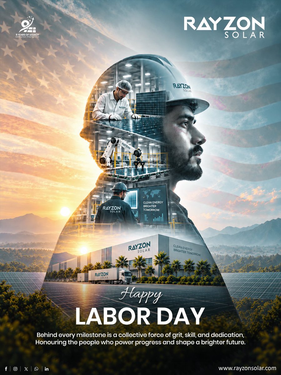 rayzonsolar's tweet photo. Behind every breakthrough is the power of people.
This Labour Day, we celebrate the dedication, skill, and relentless spirit of the people who turn ambition into action and power progress toward a brighter, cleaner future.
Happy Labor Day!

#rayzonsolar #USLaborDay #CleanEnergy https://t.co/WtClH05WOP