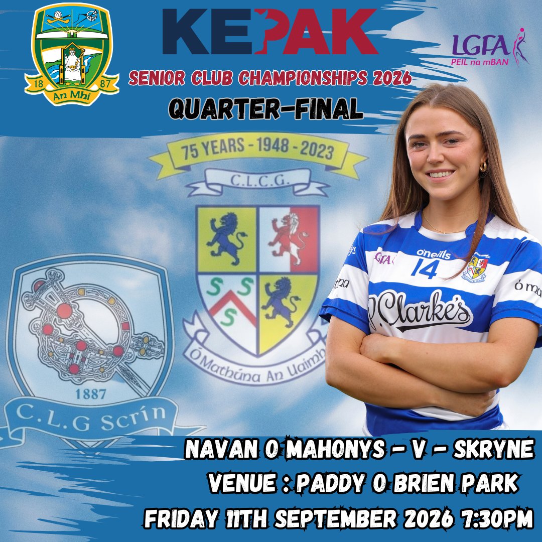 meathladiesMLGF's tweet photo. 🏐 THE QUARTER-FINALS ARE HERE!
This Friday, 11th September, we see Navan O’Mahony’s 🆚 Skryne go head-to-head in Paddy O’Brien Park, with a 7.30pm throw-in.

🔗 Match Tickets: https://t.co/OGGh65s0R0 https://t.co/m7nNcYZm6Y