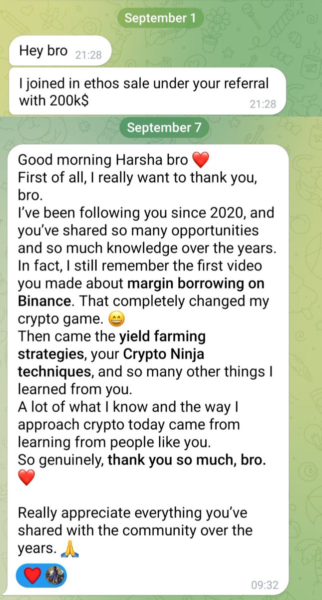 CryptoTeluguO's tweet photo. 😃One of the happiest moments today is, reading this DM

😊Just read the image fully
💰One of our old community member invested $200K in @ethos_network using my link

🤩And send this tq msg to me
😁I'm really Happy after reading his msg

♥️It made me realise how much impact my content can create
😀This is what keeps me motivated

😅Some new users say “You only post because you have a referral link”
😊Believe it or not, I’d post about a project if I genuinely like it even if there is no referral link

👥Most of our community members send DM asking for my ref link of a project they see on TL or simply wait for my post
✅Just to use my link because some way my previous guide helped them

🤩Reading messages like this gives me the same happiness as hitting a 10X

♥️Love u all for all the love & support to me & my content since 2017
❤️Ur support means a lot to me

💙Like
🔁RT