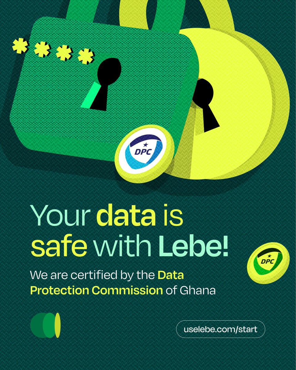 trylebe's tweet photo. Your privacy matters. 🔐
Lebe is certified by Ghana’s Data Protection Commission, so you can transact confidently knowing your data is protected.
Get started at https://t.co/kMFz3DbKF7
#lebe #security #dataprivacy #ghana #payments https://t.co/tlpUnes6OB