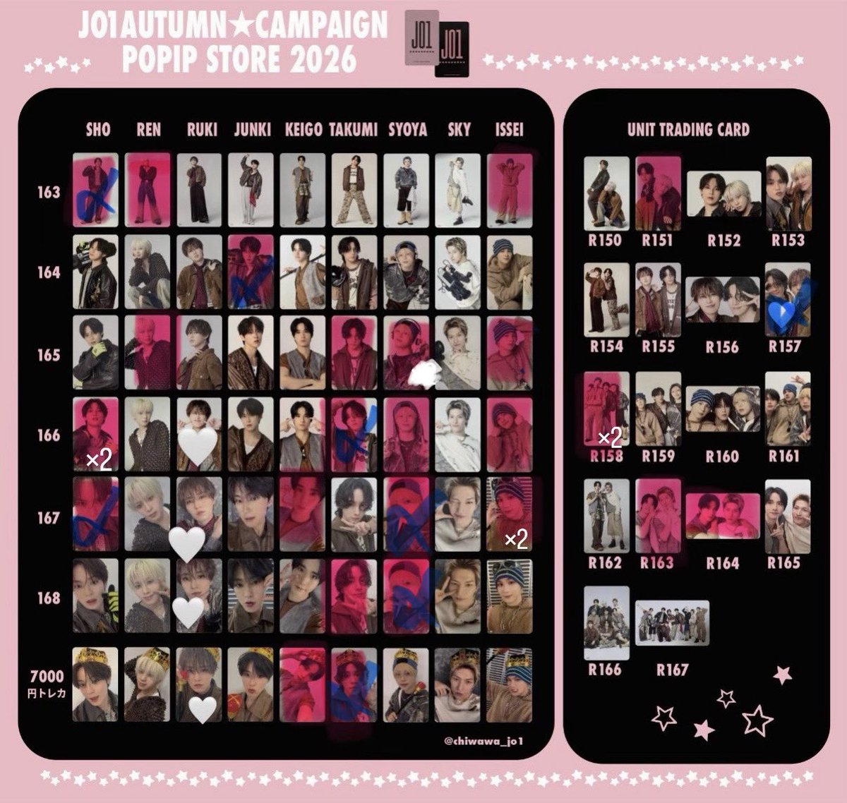 Ad4nVz's tweet photo. JO1 AUTUMN CAMPAIGN POPUP STORE 2026 ポップアップ 交換 

譲  画像赤　
與那城
川尻
佐藤
川尻
木全
豆原
R151 R158 R163 R164

求  白岩(🤍優先ですが、他白岩、ケミ○)

郵送又は札幌手渡し(日程調整)

 #JO1交換  #JO1譲  #JO1求 https://t.co/MYTshglo97