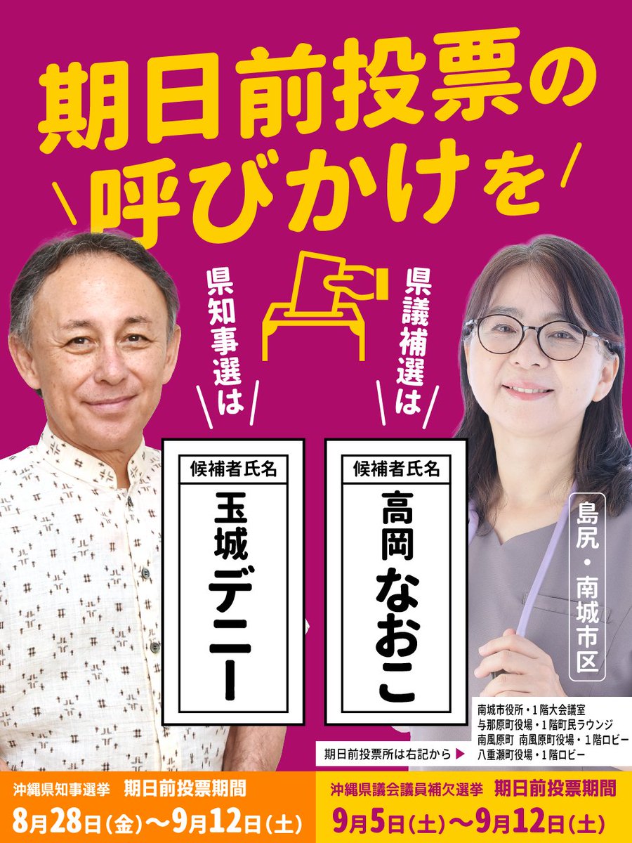 tamakidenny's tweet photo. みなさんに期日前投票へのお声かけをお願いします。

ご家族、ご親戚、ご友人、お知り合い、お仕事仲間にお声かけいただき、玉城デニーの輪を大きく広げてください。

また、県議補選の期日前投票も始まりました。

・うるま市区では　照屋タイガ
・島尻・南城市区では　高岡なおこ

ぜひ、玉城デニーとともに大きく広げてください。

この選挙、絶対に負けられません。

全国のみなさんも、沖縄のお知り合いへのお声かけを、一人でも多くの方にお願いいたします。

私も全力で訴え抜いてまいります。

#沖縄県知事選
#沖縄県知事選挙
#沖縄県知事選2026