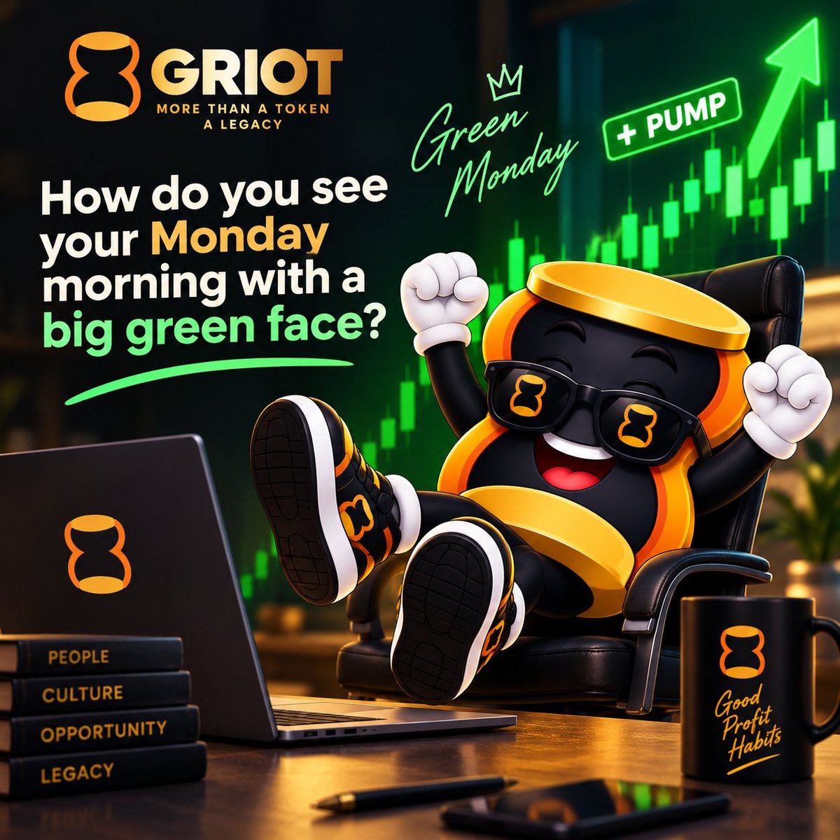 Griotnative's tweet photo. MONDAY MORNING, GRIOTS 🪘

How is your Monday morning looking? 👀

Ours woke up with a BIG GREEN FACE. 😁📈💚
The Village is smiling. $GRIOT 🪘 https://t.co/EEh90Djq96
