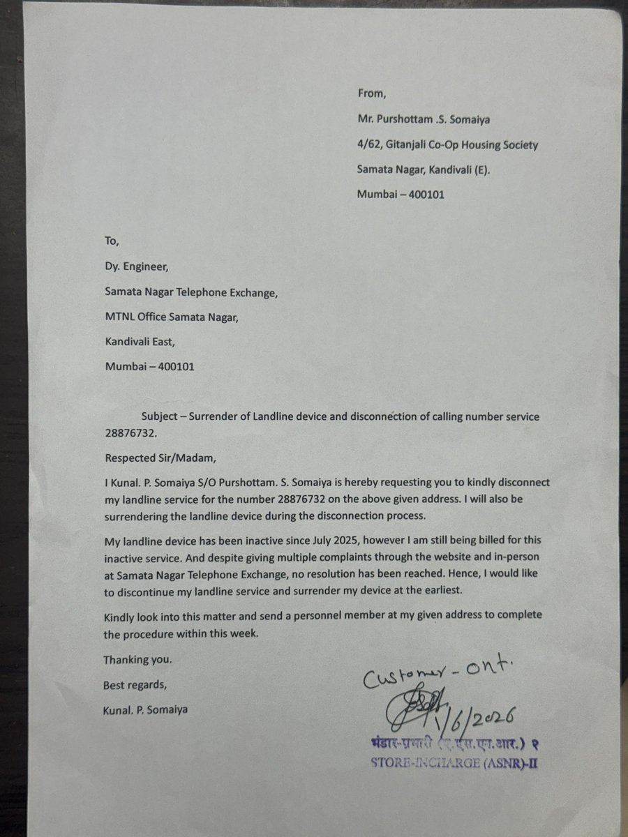 20kunall's tweet photo. @MTNLMbiOfficial i request you to please look into this issue ..phone line is dead almost a year and still my bill is generating and am getting calls from mtnl helpline to pay ..have already requested for rebate but no answer..am attaching the photo of proof..#bsnl https://t.co/noxhD15IDe