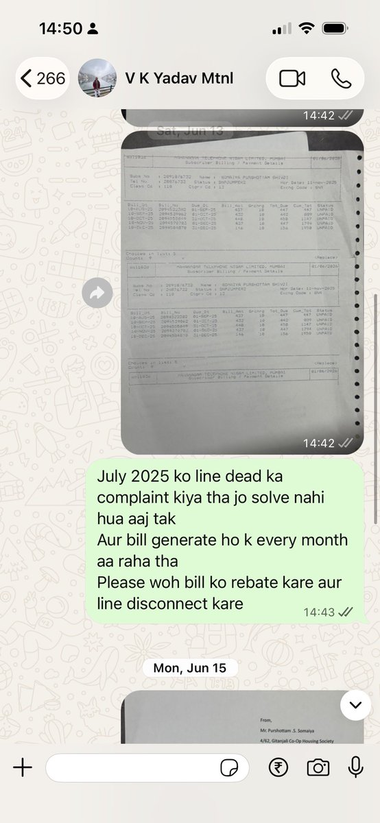 20kunall's tweet photo. @MTNLMbiOfficial i request you to please look into this issue ..phone line is dead almost a year and still my bill is generating and am getting calls from mtnl helpline to pay ..have already requested for rebate but no answer..am attaching the photo of proof..#bsnl https://t.co/noxhD15IDe