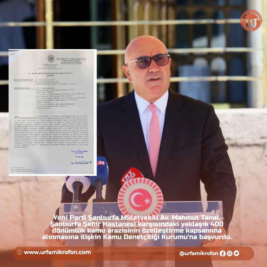 UrfaMikrofon's tweet photo. Urfa'daki 400 Dönümlük Arazi İçin Mahmut Tanal'dan Kritik Başvuru https://t.co/GOg8ENiwdX
#Şanlıurfa #MahmutTanal #YeniParti #KDK #KamuArazisi #Özelleştirme #ŞehirHastanesi #KamuYararı #Urfa @MTanal https://t.co/KmQxwtg3PQ