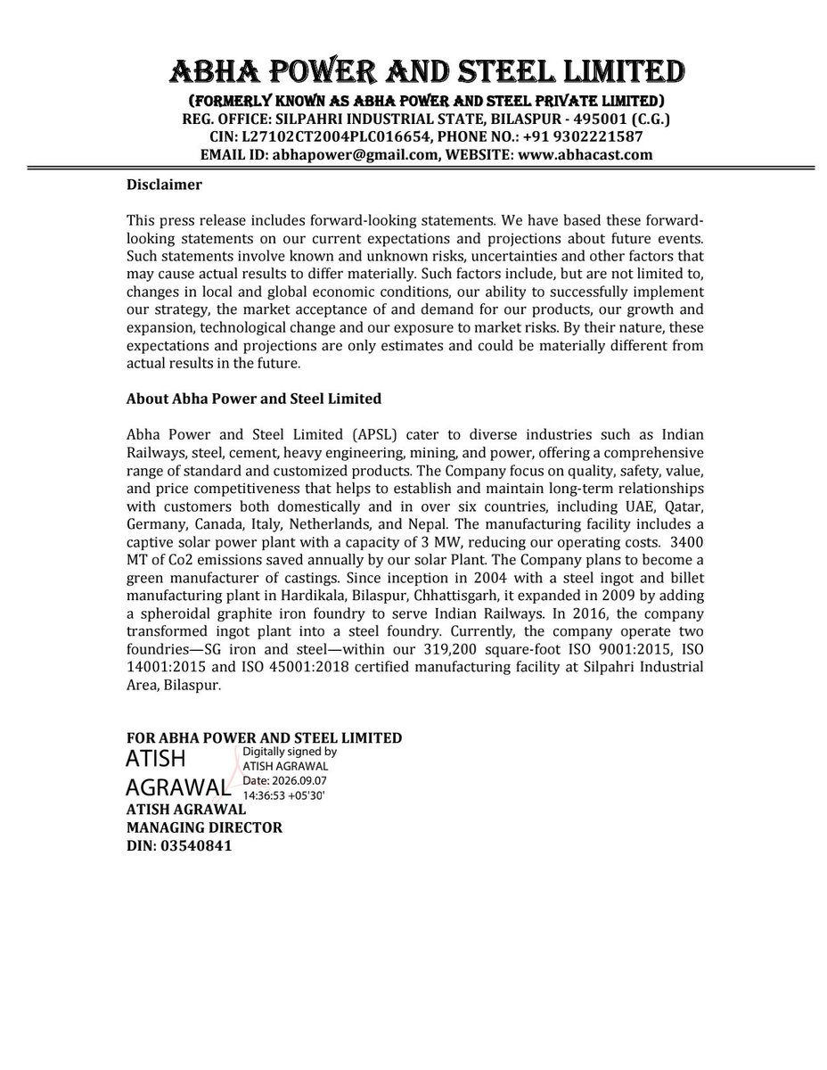 nileshkurhade's tweet photo. 📌 Abha Power and Steel Limited informed the exchange about a new order worth ₹ 2,73,83,552/- from reputed railway OEM for the supply of castings. As on 06/09/2026 00:00, the Company’s order book stands at approximately ₹ 24 Cr. #SME #ABHAPOWER 🚂🏗️ https://t.co/D78DctHcyb