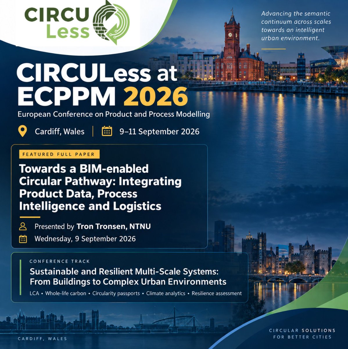 CIRCULess's tweet photo. 📢 CIRCULess is heading to ECPPM 2026! 🌍🏗️♻️

We are pleased to announce that Tron Erlend Tronsen from ASEMlab-Norwegian University of Science and Technology (NTNU), one of the CIRCULess project partners, will represent CIRCULess at the European Conference on Product and Process Modelling (ECPPM 2026), taking place 9–11 September 2026 in Cardiff, Wales.

📄 Tron will present the full paper:

“Towards a BIM-enabled Circular Pathway: Integrating Product Data, Process Intelligence and Logistics”

📅 Wednesday, 9 September 2026

The paper is part of the conference track:

Sustainable and Resilient Multi-Scale Systems: From Buildings to Complex Urban Environments

This track explores LCA, whole-life carbon, circularity passports, climate analytics and resilience assessment, from individual buildings to complex urban environments.

Under the theme “Advancing the semantic continuum across scales towards an intelligent urban environment,” ECPPM 2026 brings together research and innovation spanning advanced materials, buildings, digital twins, interoperable data and lifecycle decision-making.

We look forward to sharing CIRCULess research and connecting with the ECPPM community in Cardiff!

📍 Cardiff, Wales
📅 9–11 September 2026

#CIRCULess #ECPPM2026 #CircularConstruction #BIM #CircularEconomy #DigitalConstruction #SustainableConstruction #DigitalTwins #HorizonEurope #NTNU

🌍 Consortium: ASEMlab - Norwegian University of Science and Technology (NTNU) I AIMEN Centro Tecnológico I Holcim I Omtre I FORESTIA I Gjøvik Kommune I R-NanoLab - National Technical University of Athens I DTU - Technical University of Denmark I Luleå University of Technology I UNE - Asociación Española de Normalización I IRES I Global Consulting Sustainability AS I Eindhoven University of Technology I TECNALIA Research & Innovation I Volbas I University of Thessaly I bAvenir I TheGreenTech I Zerofect I University of Hertfordshire