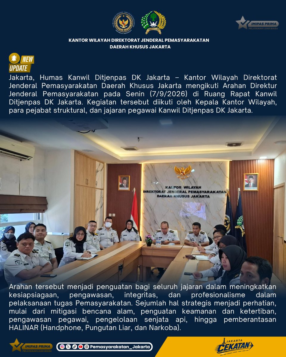 HumasPasDkJkt's tweet photo. Halo Sobat Pemasyarakatan 

Kanwil Direktorat Jenderal Pemasyarakatan Daerah Khusus Jakarta terus memperkuat kesiapsiagaan, integritas, dan profesionalisme jajaran melalui Arahan Direktur Jenderal Pemasyarakatan yang dilaksanakan di Ruang Rapat Kanwil Ditjenpas DK Jakarta. https://t.co/TeH1LTOydh