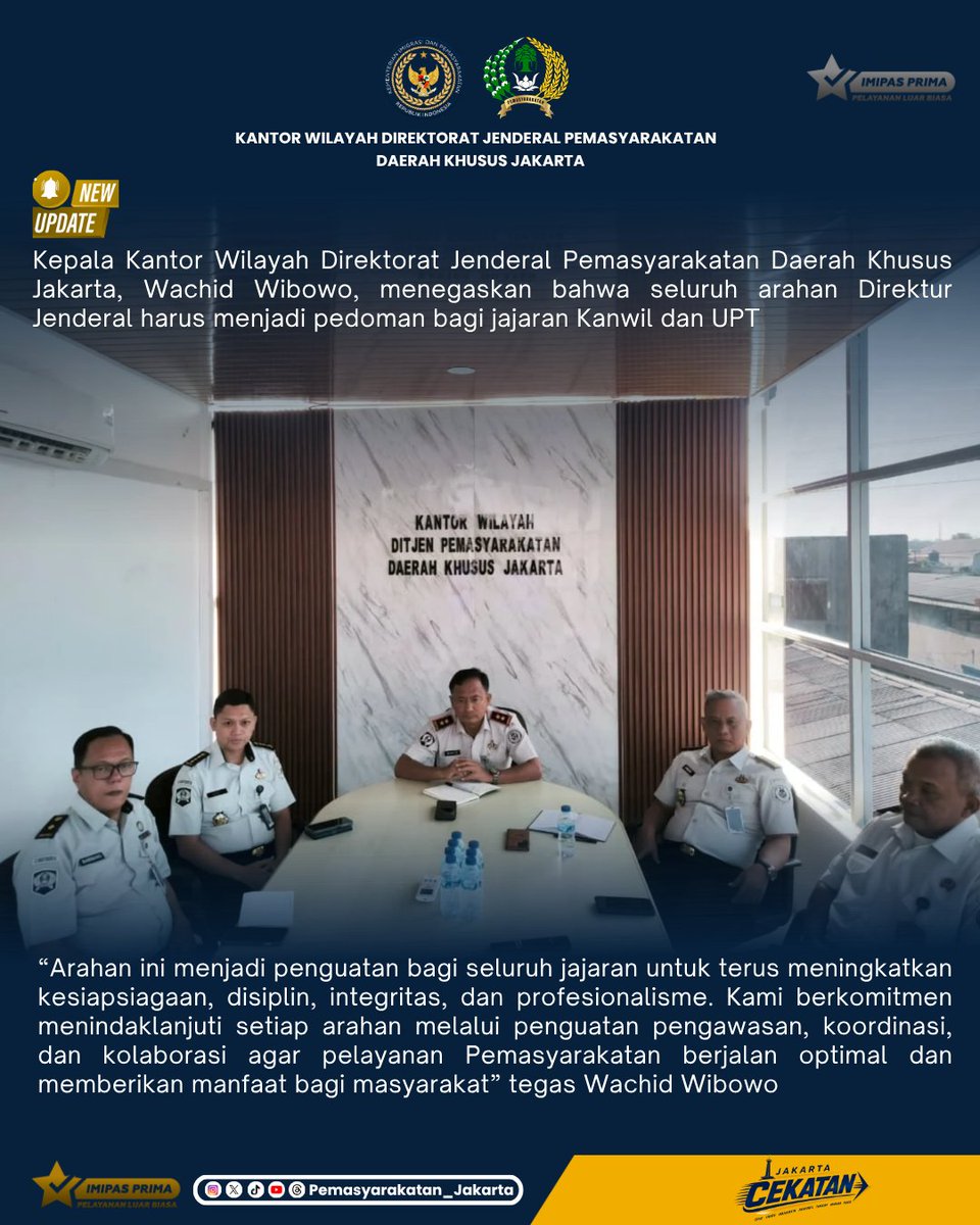 HumasPasDkJkt's tweet photo. Halo Sobat Pemasyarakatan 

Kanwil Direktorat Jenderal Pemasyarakatan Daerah Khusus Jakarta terus memperkuat kesiapsiagaan, integritas, dan profesionalisme jajaran melalui Arahan Direktur Jenderal Pemasyarakatan yang dilaksanakan di Ruang Rapat Kanwil Ditjenpas DK Jakarta. https://t.co/TeH1LTOydh
