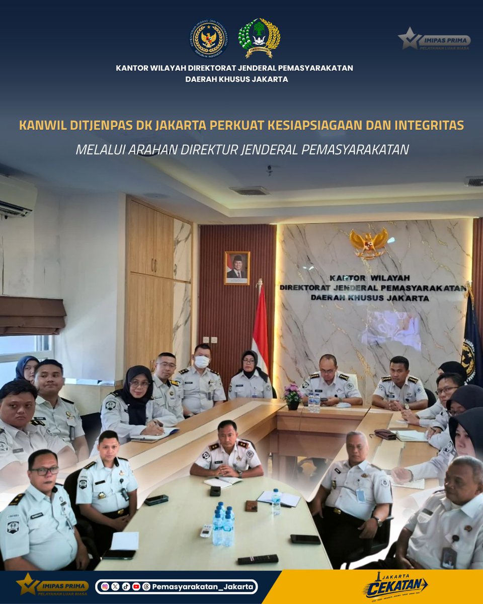 HumasPasDkJkt's tweet photo. Halo Sobat Pemasyarakatan 

Kanwil Direktorat Jenderal Pemasyarakatan Daerah Khusus Jakarta terus memperkuat kesiapsiagaan, integritas, dan profesionalisme jajaran melalui Arahan Direktur Jenderal Pemasyarakatan yang dilaksanakan di Ruang Rapat Kanwil Ditjenpas DK Jakarta. https://t.co/TeH1LTOydh
