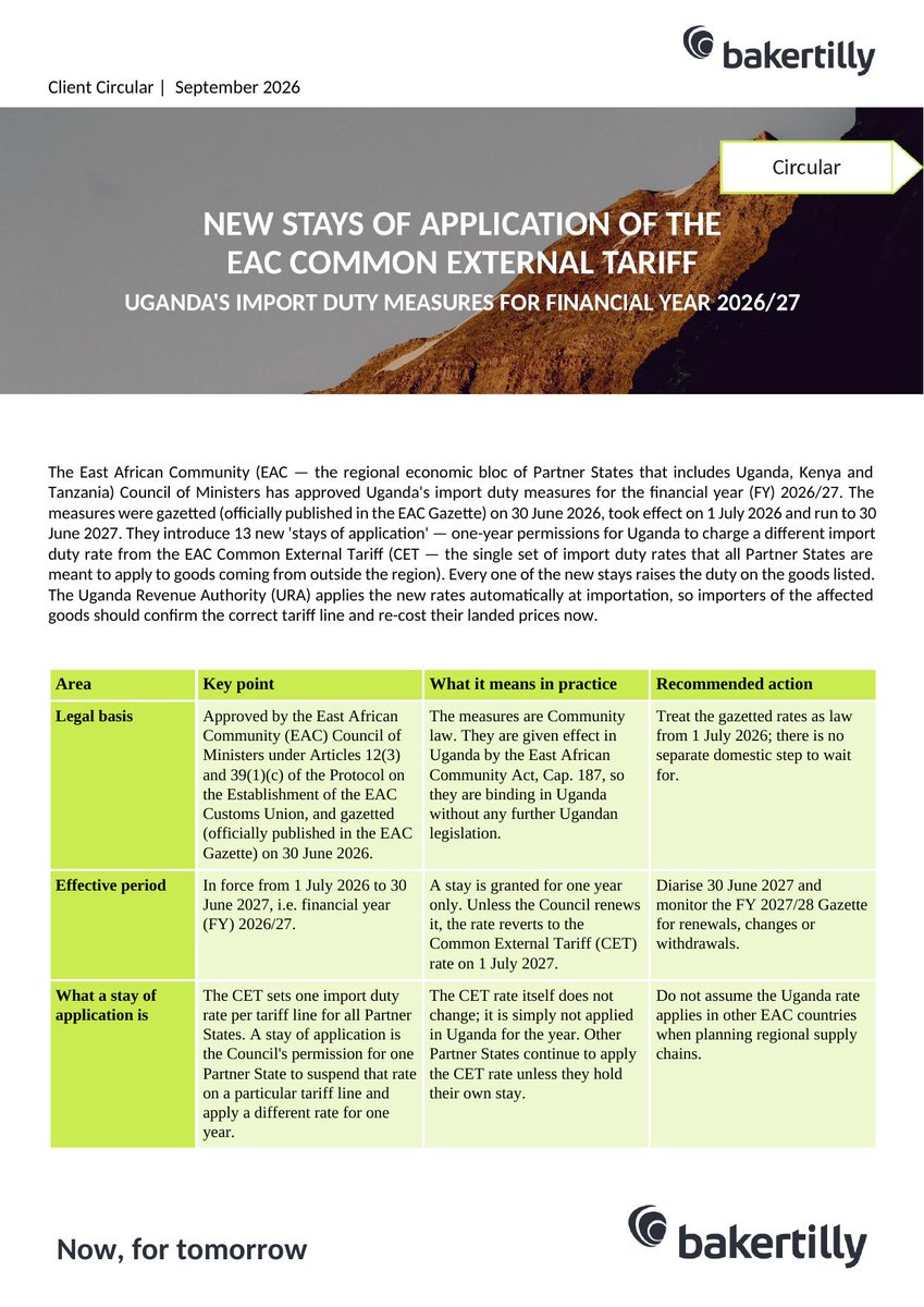 bakertillyug's tweet photo. Uganda's FY2026/27 import duty measures are now in force. There are thirteen new stays of application, and every single one raises the duty payable.

Our client circular breaks down each item, the new rates and what importers should do now. 
#Uganda #Customs #Tax #BakerTilly https://t.co/upZvV5Wh0u