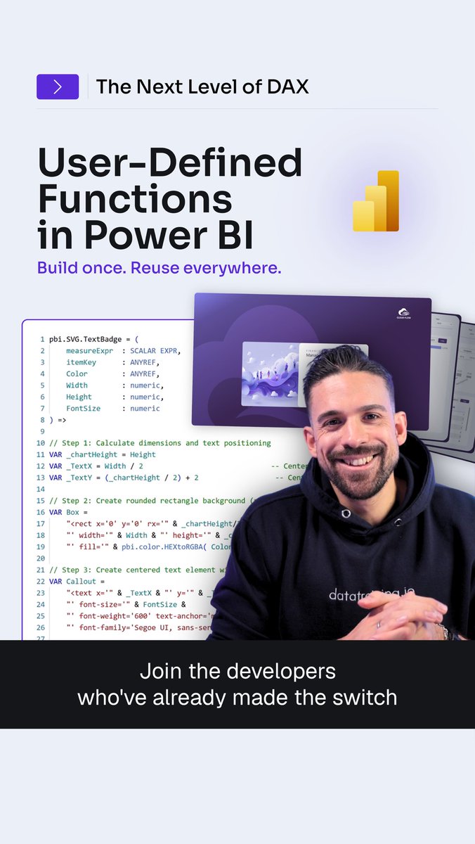 HowToPowerBI's tweet photo. The Next Level of DAX π
User-Defined Functions in Power BI
Build once. Reuse everywhere.
#dax #udfs #report #design #data #analytics https://t.co/oQyAqGJd9Q