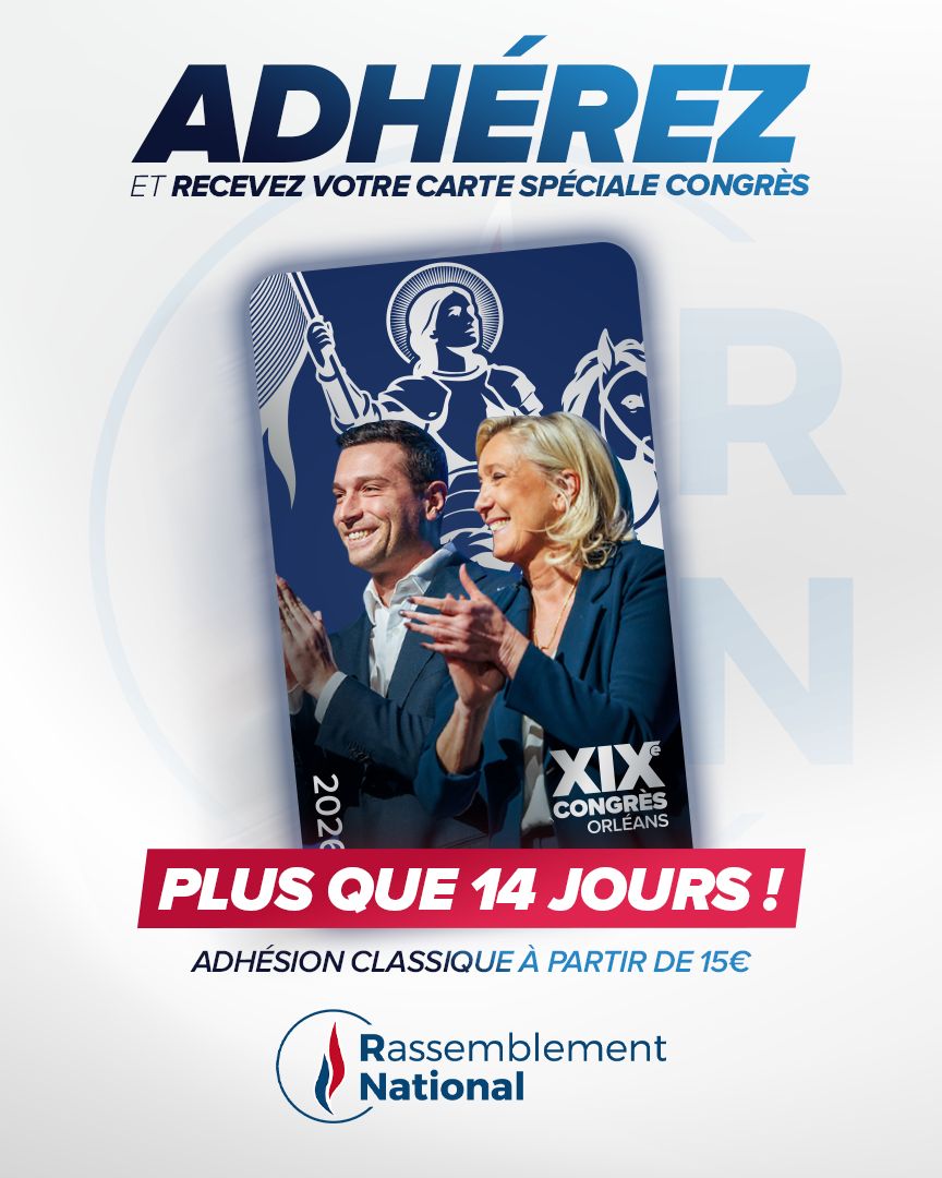 RNational_off's tweet photo. ⏳ Plus que 14 jours pour recevoir votre carte collector spéciale Congrès ! À l’approche du XIXᵉ Congrès d’Orléans, rejoignez le premier parti de France et prenez toute votre place dans la mobilisation.

🎫 Adhérez dès 15 € et recevez cette édition spéciale aux couleurs du Congrès. 2027 se prépare dès maintenant : engagez-vous à nos côtés !

🚀 Rejoignez-nous : https://t.co/1frcZRIEaG