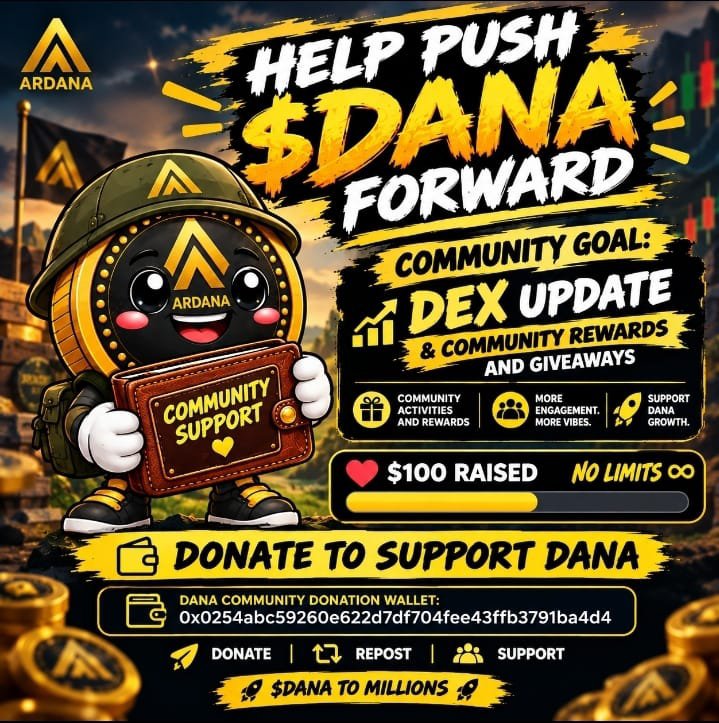 ExcelWinifred's tweet photo. 🪖 DANA ARMY — WE NEED YOUR HELP

The DANA Community Donation Wallet is officially live, and thanks to everyone who has already contributed, we currently have $100 in the wallet. ❤️

Now we have an important goal.

We need approximately $300 to update and edit DANA’s token information on DEX Screener and make sure our project information is properly presented.

After that, donations will continue to support:

🎁 Community rewards & giveaways
🏆 Contests and community activities
📢 Awareness campaigns
🪖 DANA ARMY initiatives

And as promised, everything will remain publicly accountable on-chain. Anyone can track the wallet and see how every donation is used.

I'll be tagging BNB KOLs, influencers, creators, community leaders and members of the wider crypto community to help us reach this goal.

So if you see me tagging you, please don't be angry with me 😂❤️ — we're simply asking our friends in the crypto community to help us push DANA forward.

Whether it's $1, $5, $10, $20 or simply reposting this message, every contribution helps.

DANA ARMY, let's get this done. 🪖🔥

Donation Wallet:
0x0254abc59260e622d7df704fee43ffb3791ba4d4

$DANA to Millions 🪖🚀