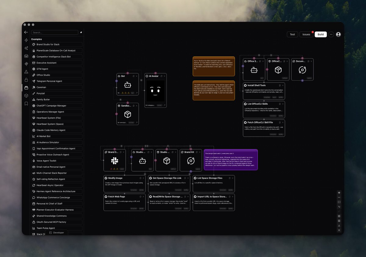 CBK Studio desktop screenshot showing a local graph-based workspace with agent, tool, storage, and skill nodes
