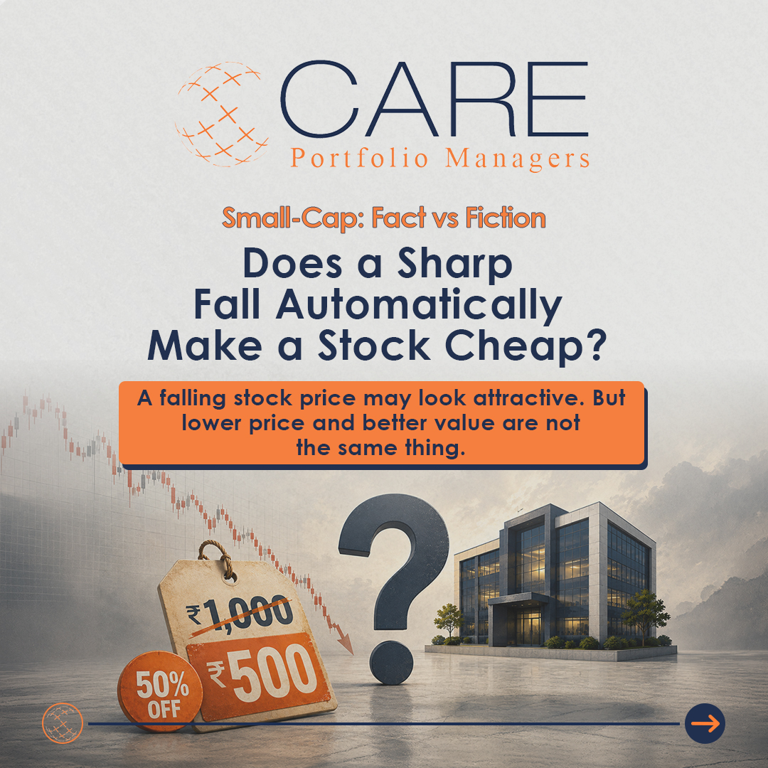 carepms's tweet photo. Care Portfolio Managers Pvt. Ltd. is a SEBI-registered Portfolio Manager bearing Registration No. INP000004128.

A stock falls 50%, and the first instinct is often to call it cheap.

But a falling price and a good investment are not the same thing. Sometimes the market is overreacting. Sometimes the business itself has weakened.

In Episode 2 of Small-Cap: Fact vs Fiction, we look at a common investing trap: assuming that a sharp correction automatically creates value.