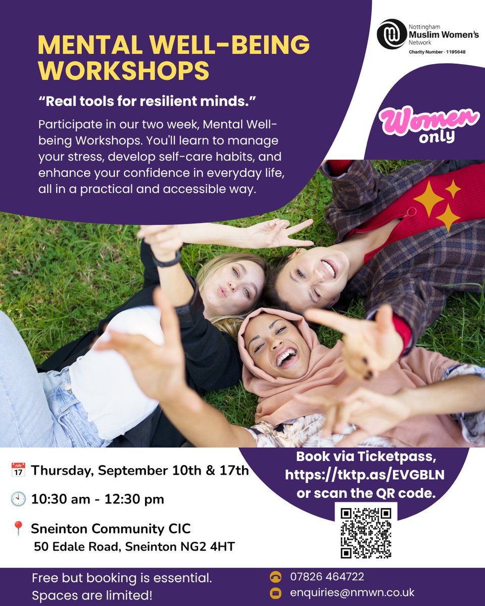 NottinghamMWN's tweet photo. 🌿 Real tools for resilient minds. 💜

👉 Book via Ticketpass: https://t.co/pEpwOCn7e0
📞 07826 464722
📧 enquiries@nmwn.co.uk
#MentalWellbeing #WomensWellbeing #SelfCare #ResilientMinds #WomenOnly #NottinghamWomen #MentalHealth #WellbeingWorkshop #Sneinton #NottinghamEvents https://t.co/Tc6uoJSo7j