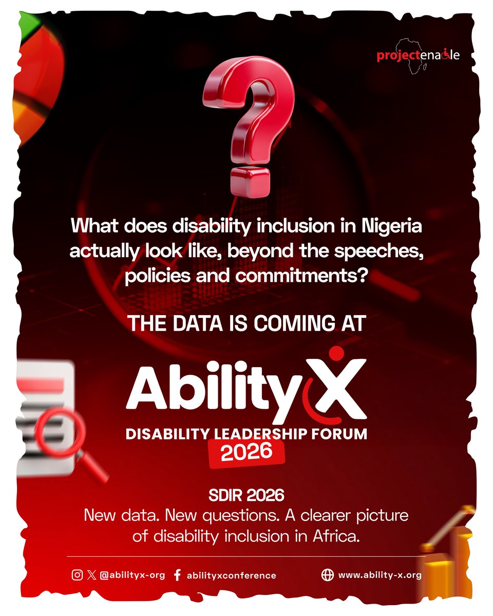 Project_Enable's tweet photo. New data is coming!!
This year’s AbilityX 2026, Project Enable Africa will reveal new findings from the State of Disability Inclusion Report (SDIR) 2026.
The numbers may challenge assumptions.
The findings may change the conversation.
Coming to AbilityX 2026.
#abilityx https://t.co/BtYqg2SCD4