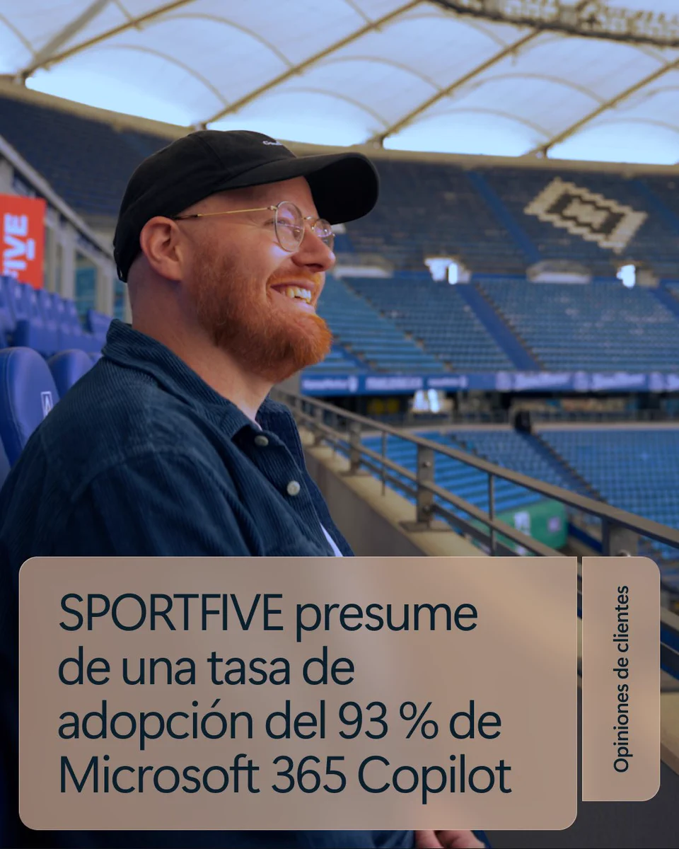 A man with red hair and glasses smiles while sitting in a stadium, wearing a black cap. Superimposed text reads, 'SPORTFIVE presumes a 93% adoption rate of Microsoft 365 Copilot' with a smaller subtitle about customer opinions.