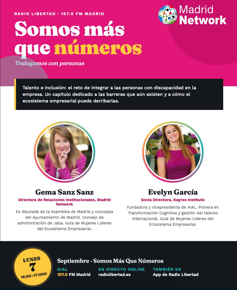 gemasanzs's tweet photo. 🕹️ ¿Podemos permitirnos como empresas dejar talento fuera?
Hoy a las 16:00 h estaré en 🎙️ Somos + que números, en 🎙️ @MadridNetwork y Evelyn García
@KayrosInstitute #smarttopservices
📻 @RadioLibertadES 16:00 h | 107.0 FM
Porque incluir #talento también es #competitividad. https://t.co/d34bss8ogV