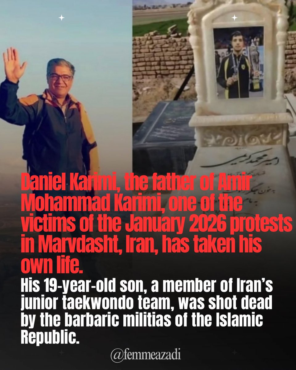 femmeazadi's tweet photo. Daniel Karimi, le père d’Amir M. Karimi, l’une des victimes des manifestations de janvier 2026 à Marvdasht, en Iran, a mis fin à ses jours.

Son fils, âgé de 19 ans et membre de l’équipe junior de taekwondo d’Iran, avait été abattu par les miliciens barbares de la République islamique.

Le régime ne s’est pas contenté de massacrer des dizaines de milliers d’Iraniens. Il a détruit des centaines de milliers de membres de leurs familles, brisé leurs proches… et ravagé tout un peuple.

Il n’y aura ni oubli ni pardon, le moment venu.