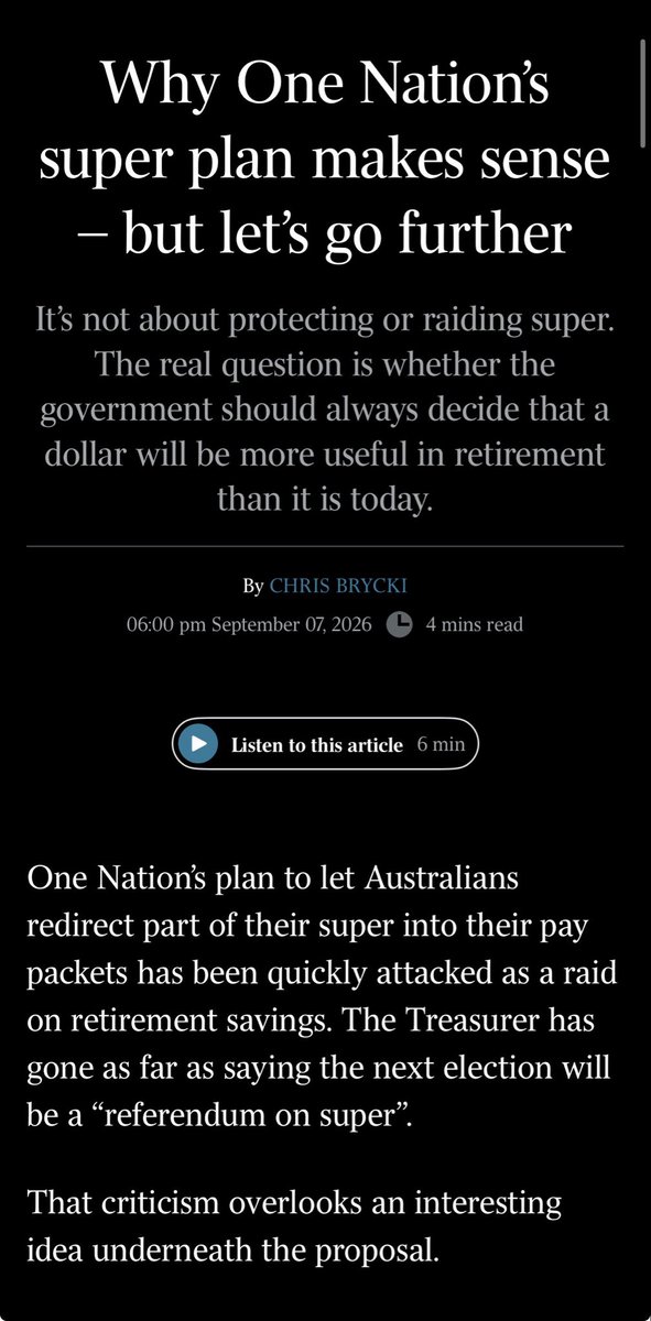 chrisbrycki's tweet photo. Does One Nation have a point on super?

I did the sums. For younger Australians with big mortgages and decades until retirement, redirecting some super contributions towards their home could leave them better off.

With the right guardrails, I think it could work. The idea at least deserves a proper debate. https://t.co/nytWBlSxu3