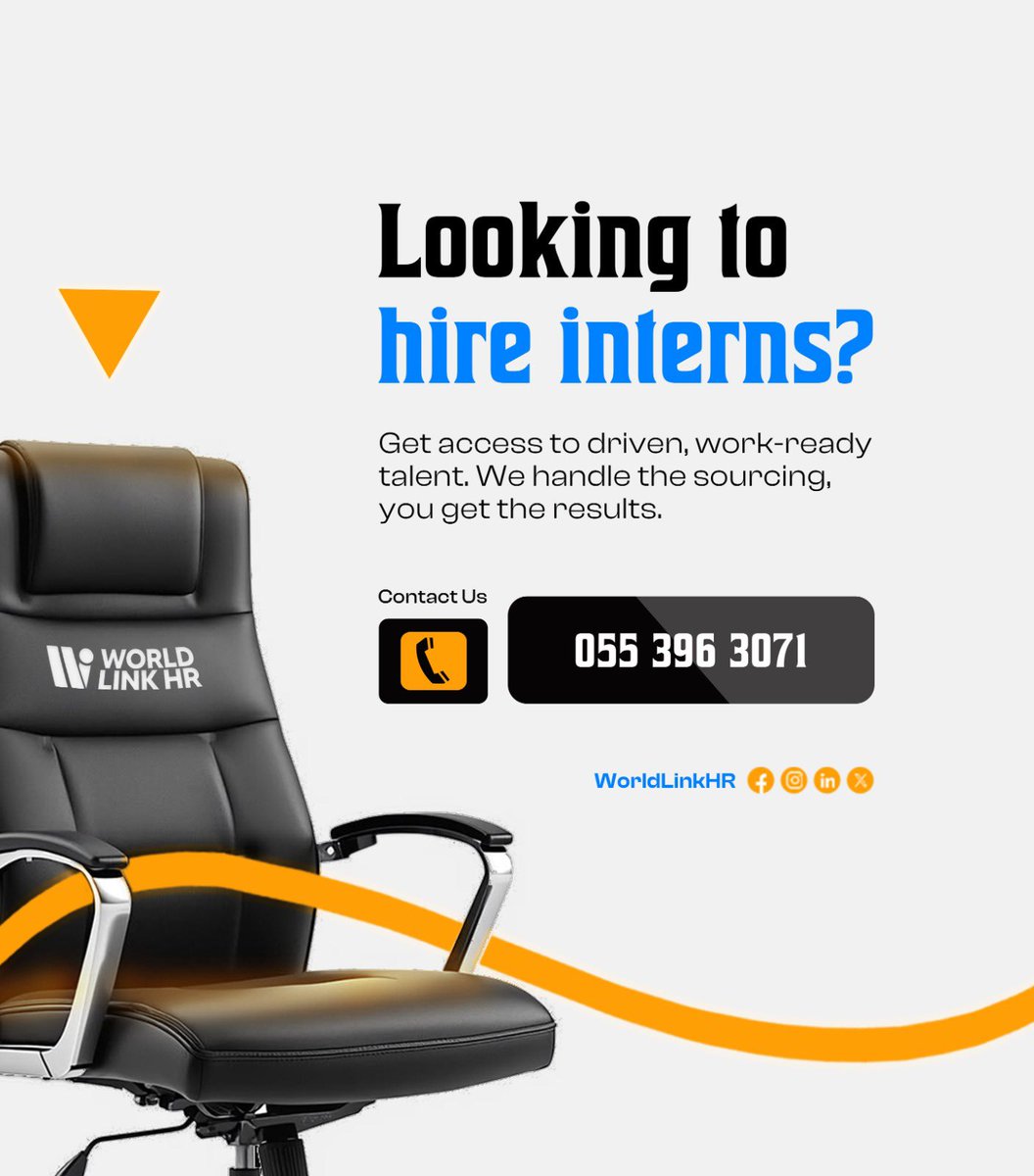 WorldlinkHR's tweet photo. Looking for Interns?

At @worldlinkhr_ , we connect your business with smart, diligent, and work-ready interns who are ready to contribute from day one.

#LookingForInterns #InternshipGhana #WorldLinkHR #HiringInterns #GhanaJobs https://t.co/rZogjm1IbX