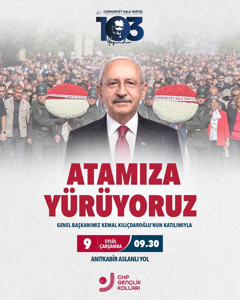 chpgenclik_gm's tweet photo. Yerimiz Belli, Yurdumuz Belli, Yolumuz Belli. 

🗓 9 Eylül Çarşamba
⏰ 09.30
📍 Anıtkabir Aslanlı Yol https://t.co/IyY1OQPPYs