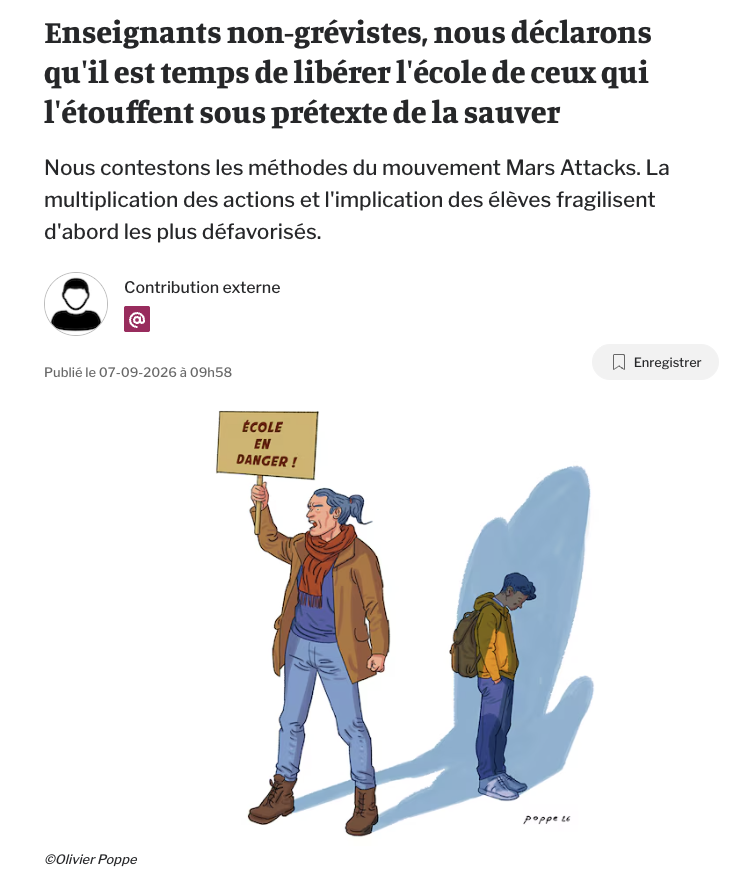 DGodefridi's tweet photo. 🇧🇪Des enseignants s'opposent à la confiscation du débat sur le financement de l'enseignement par une frange d'extrémistes violents: "Aujourd'hui, il faut avoir l'honnêteté de reconnaître la complexité du problème. En effet, les enquêtes Pisa internationales démontrent que malgré un enseignement parmi les plus financés au monde, les résultats des élèves se dégradent depuis près de 30 ans au sein de la FWB. (...) Pire encore, ils instrumentalisent des élèves en les incitant à quitter leur classe pour grossir les rangs du mouvement et ainsi, empêcher le bon déroulement de l'organisation des écoles. (...) Le rôle de l'école est d'apprendre aux enfants comment penser, pas quoi penser!" 
https://t.co/orKzbTZAyc