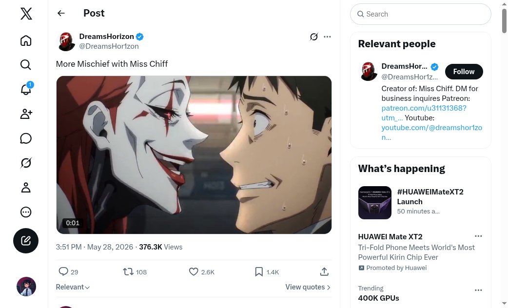 shortformcases's tweet photo. 376K views on an original AI clown-villain short — a recurring character series, not a one-off model demo.

Format: lock one villain visual ID → ~15s mischief beat → same lead, new gag. Series IP over launch clones.

@DreamsHor1zon

Steal the pattern: invent one original villain look, ship a few times a week on the same hook template. Don’t clone Miss Chiff — build your own chaotic lead.

https://t.co/PMOX8fWJ7O