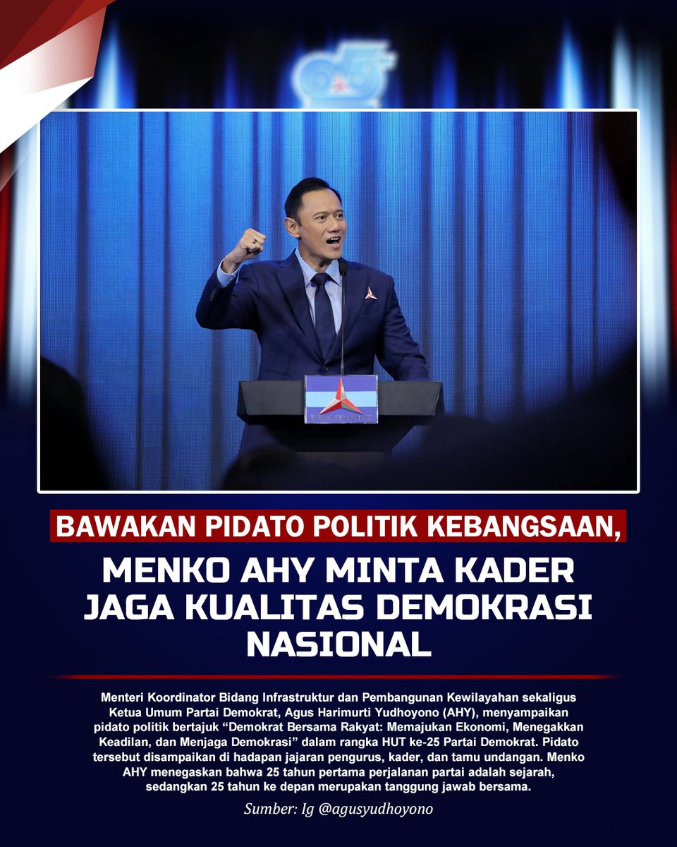 aseprydt's tweet photo. Merayakan HUT ke-25, Ketum Partai Demokrat sekaligus Menko AHY menyampaikan pidato politik "Demokrat Bersama Rakyat".

#25TahunDemokrat
PD Bareng AHY https://t.co/vhElkAmNUc