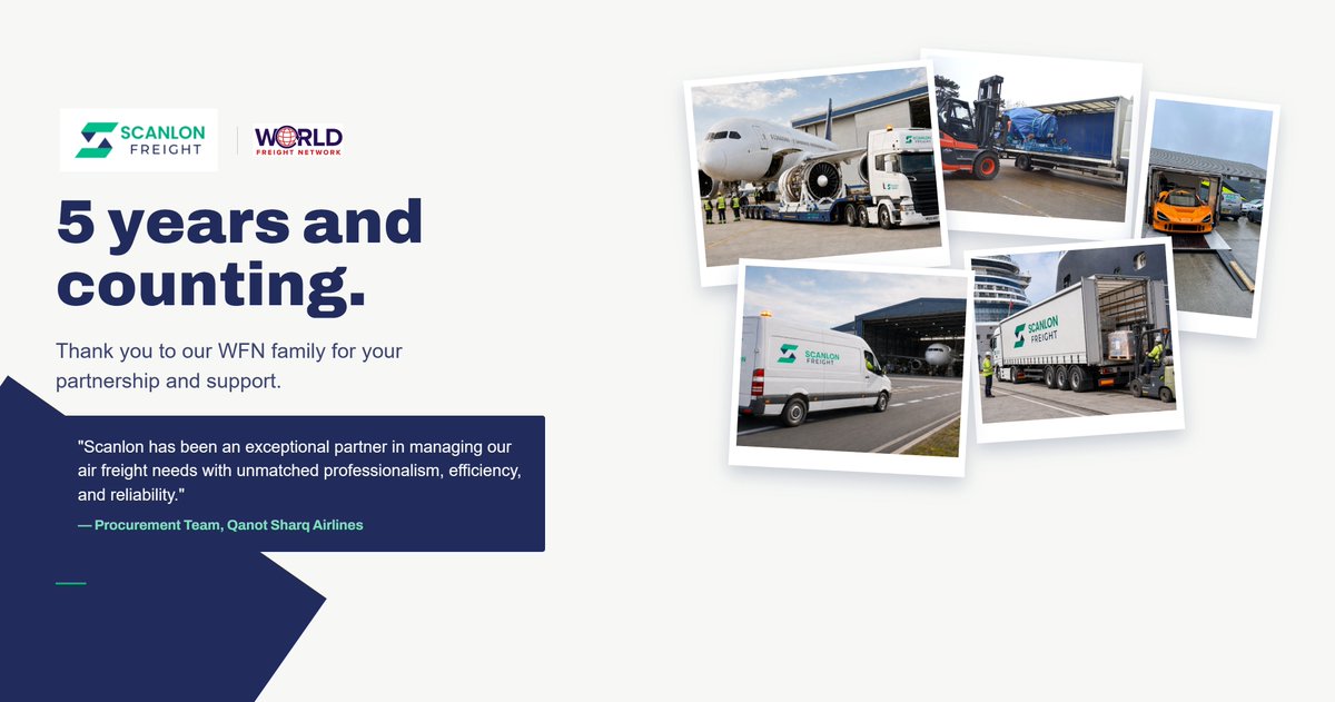 wfnnetwork's tweet photo. Happy 5th Anniversary to our valued WFN member Scanlon Freight Limited, UK.
Congratulations to Mark and the whole team! Here’s to the next five years!
#WFN #Logistics #FreightForwarding #shipping #aircargo #seacargo #freight #cargo #trucking #multimodal #networkingworks https://t.co/H8MJ8Mua3A