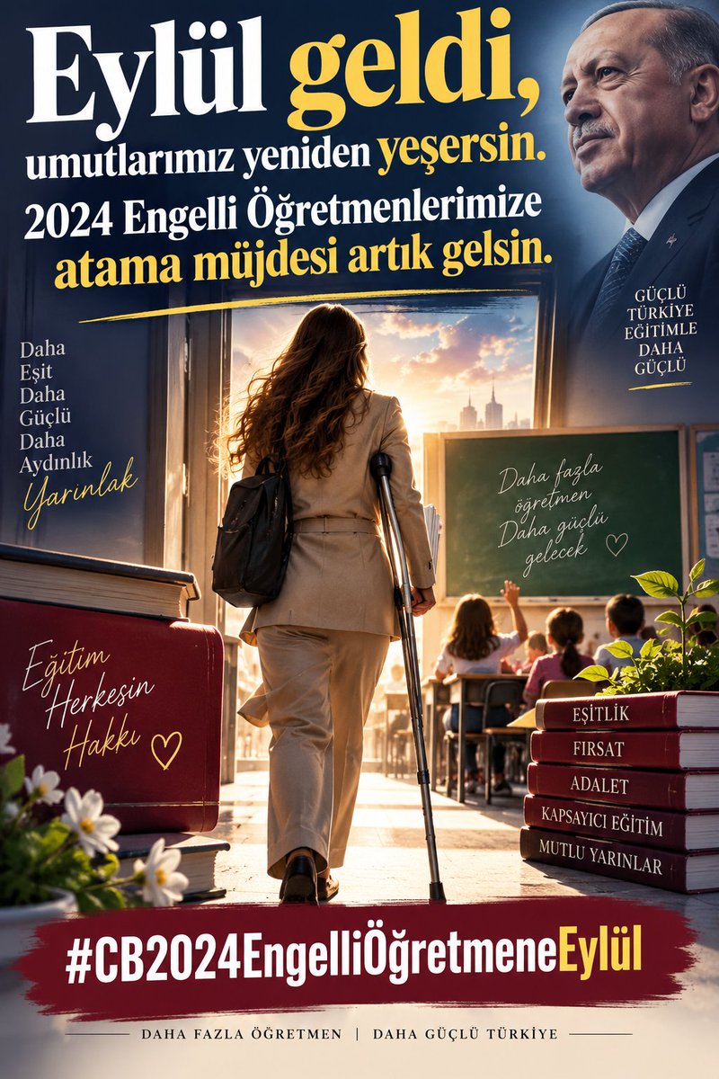 alkan387857's tweet photo. Eylül geldi, umutlarımız yeniden yeşersin. 2024 Engelli Öğretmenlerimize atama müjdesi artık gelsin.  @RTErdogan @tcbestepe @iletisim @Akparti @Yusuf__Tekin @tcmeb @oktay_saral @hasandogan @fuatoktay @burhanduran #CB2024EngelliÖğretmeneEylül https://t.co/UJpCbWLyTp