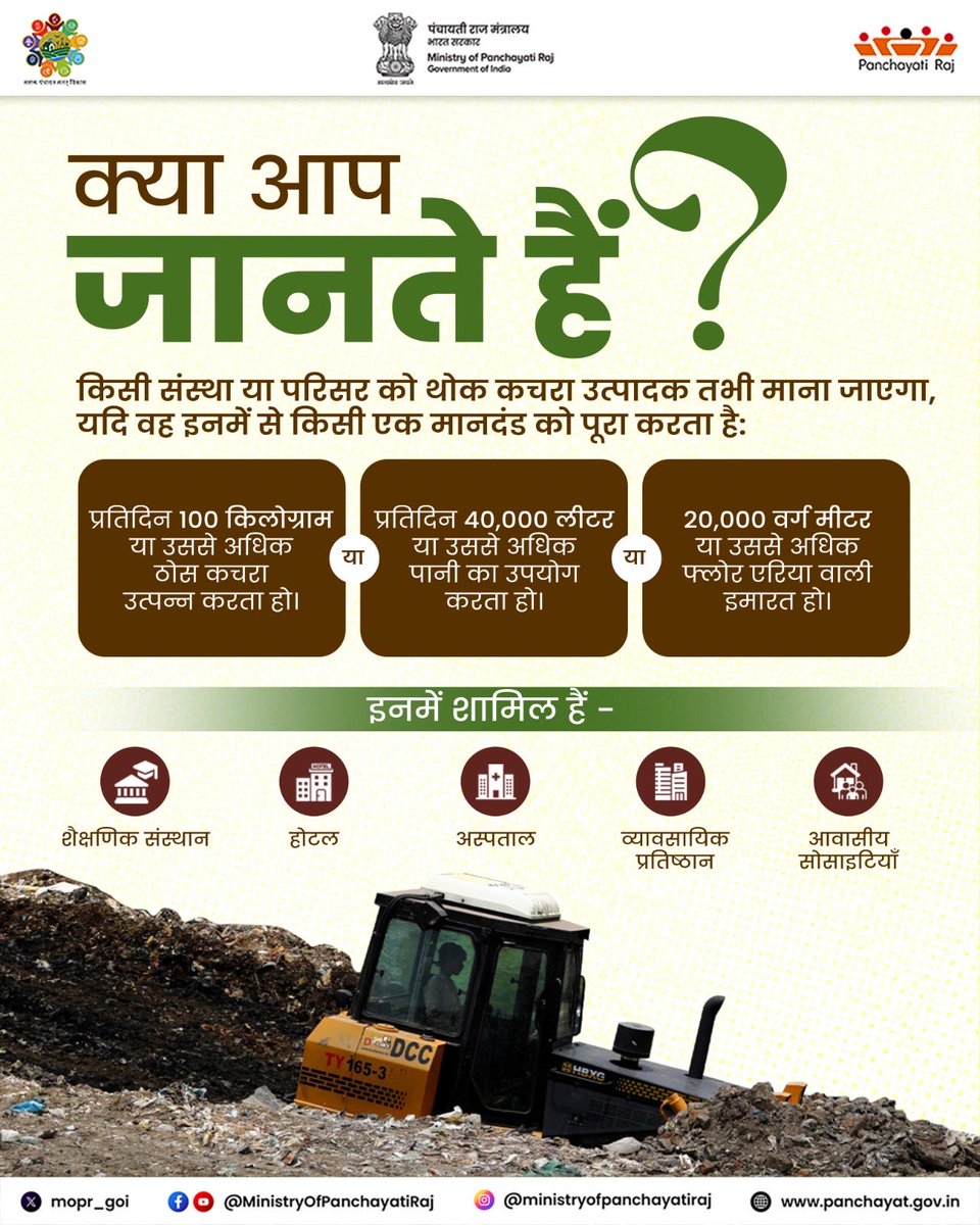 mopr_goi's tweet photo. बड़ी संस्था, बड़ी जिम्मेदारी!
थोक कचरा उत्पादक के मानकों को जानें, अपनी जिम्मेदारी समझें और कचरे का सही प्रबंधन अपनाएँ।
#MoPR #PanchayatiRaj #SolidWasteManagement #LSDGs #CleanVillages #CleanAndGreenPanchayats #WasteSegregation #SustainableRuralIndia #SWM2026
@MoJSDDWS
@moefcc https://t.co/DCy4lQSpqL