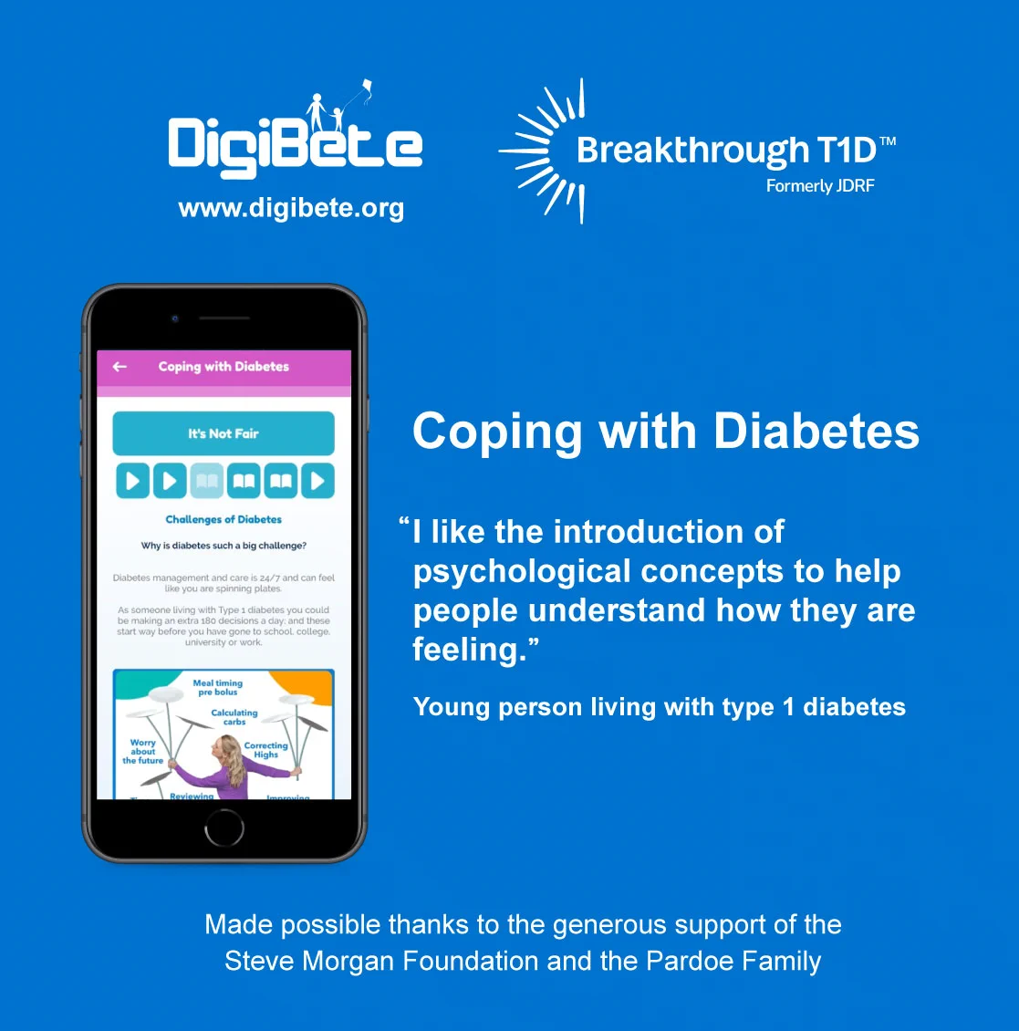Smartphone screen showing the 'Coping with Diabetes' tool within the DigiBete app with the 'It's not fair' tab highlighted. Text says: "Coping with Diabetes. I like the introduction of psychological concepts to help people understand how they are feeling." Young person living with type 1 diabetes. 
Made possible thanks to the generous support of the Steve Morgan Foundation and the Pardoe Family