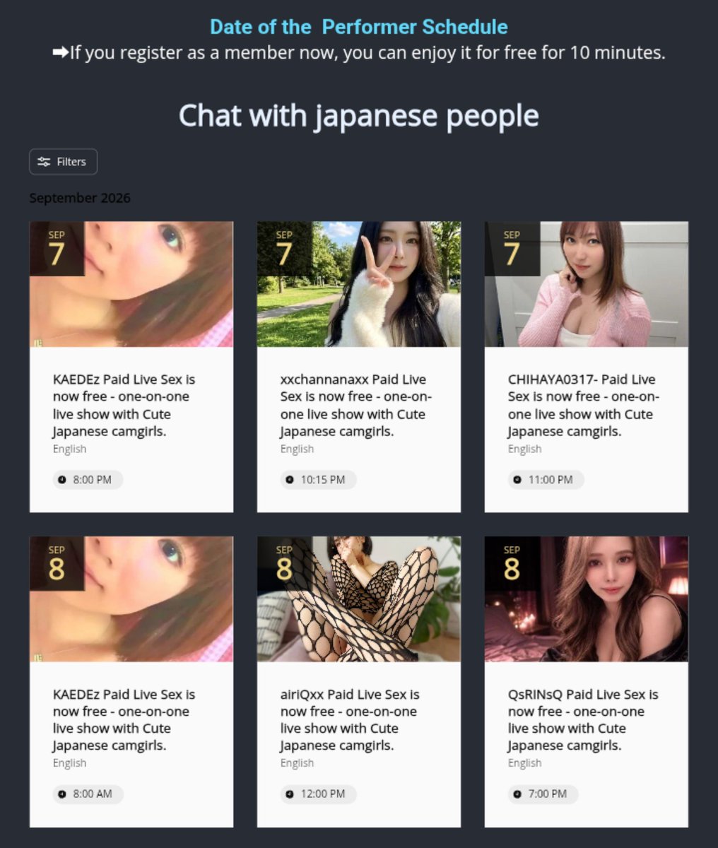 hZLF67g9hx64556's tweet photo. Chat with japanese people
(for English speakers)
Performer Schedule update.
#Stripchat
#DXLIVE
#livechat https://t.co/5ZFmHg6fib