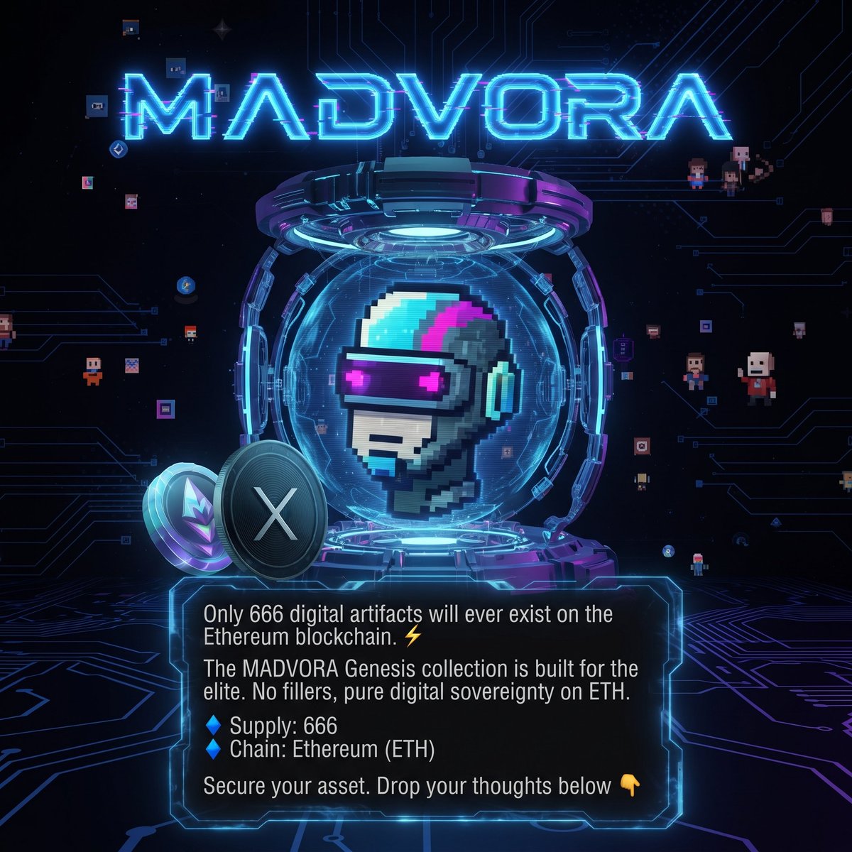maddesain's tweet photo. Only 666 digital artifacts will ever exist on the Ethereum blockchain. ⚡️

The MADVORA Genesis collection is built for the elite. No fillers, pure digital sovereignty on ETH.

🔹 Supply: 666
🔹 Chain: Ethereum (ETH)

Secure your asset. Drop your thoughts below 
#NFT #ETH #MADVORA https://t.co/POyuTYNOWN