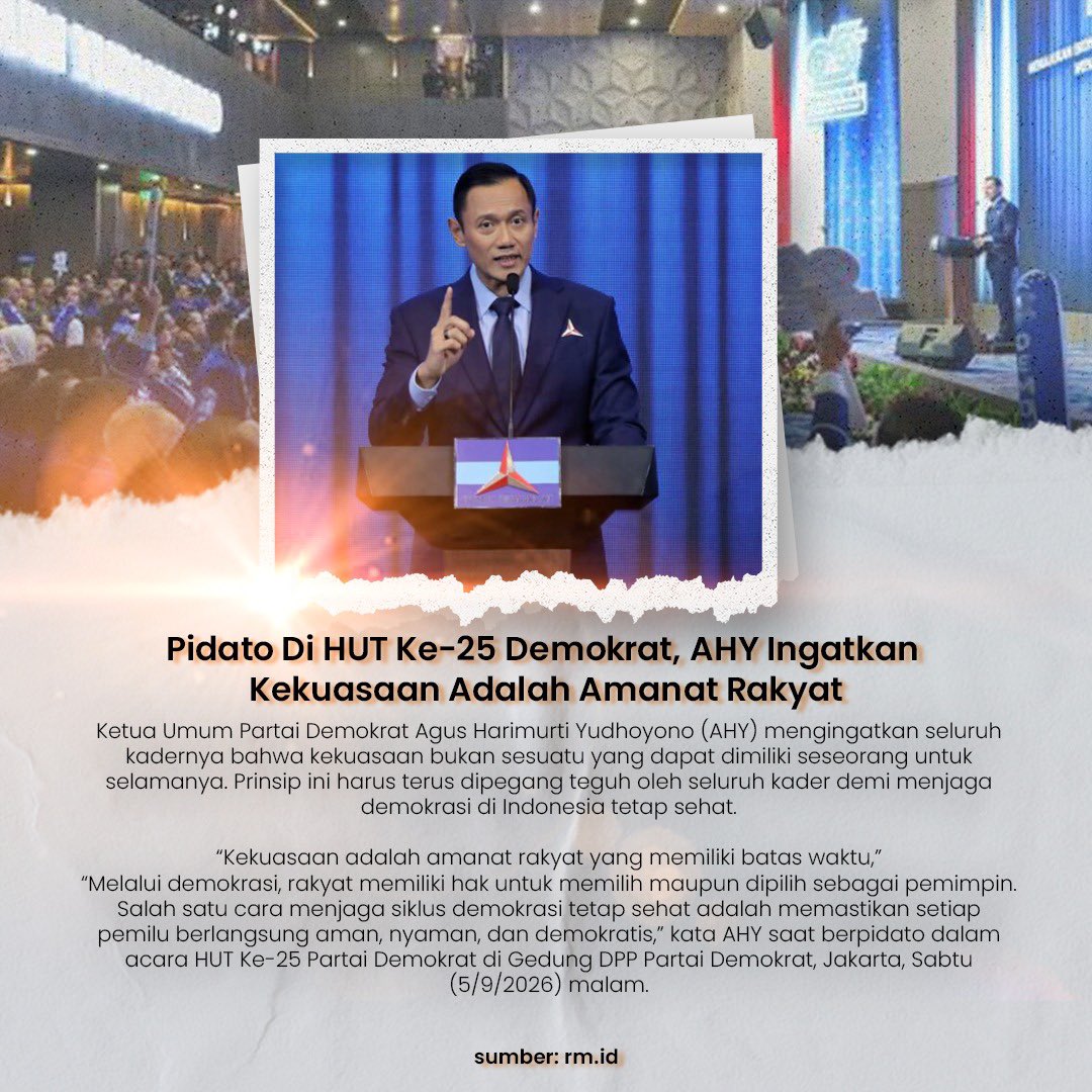 AHY_friend's tweet photo. Ketum AHY ingatkan kekuasaan adalah amanah rakyat, prinsip ini terus dipegang teguh oleh seluruh rakyat demi menjaga demokrasi di Indonesia tetap sehat. https://t.co/7KXCi3KVyy