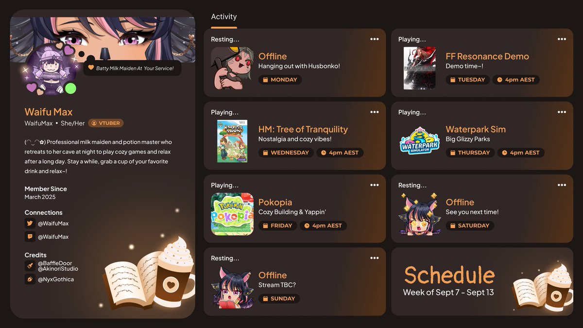 WaifuMax's tweet photo. Schedule for the upcoming week~!
Excited to try the FF Resonance demo tomorrow! Sunday stream maybe, depending how I'm going by the end of the week π¦
Have a safe week everynyan~!
#vtuber #vtuberEN #cozy #FFResonance #Pokopia #WaterparkSim #HarvestMoon https://t.co/8wdOqtIqdZ