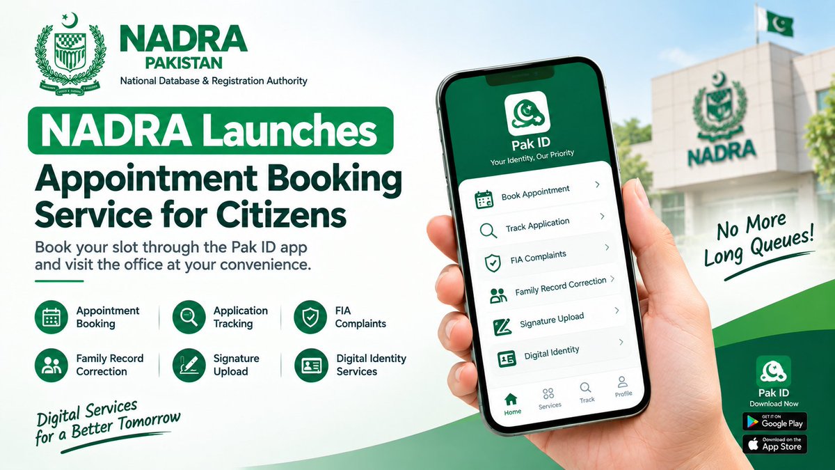 GMustafa76972's tweet photo. https://t.co/OEVYQPfgIs
NADRA Launches Appointment Booking Service via Pak ID App

#NADRA #PakID #Pakistan #DigitalPakistan #NADRAAppointment #NADRAServices #OnlineAppointment #PakistanNews #CNIC #PakistaniCitizens #DigitalServices https://t.co/xND8h0kSiI