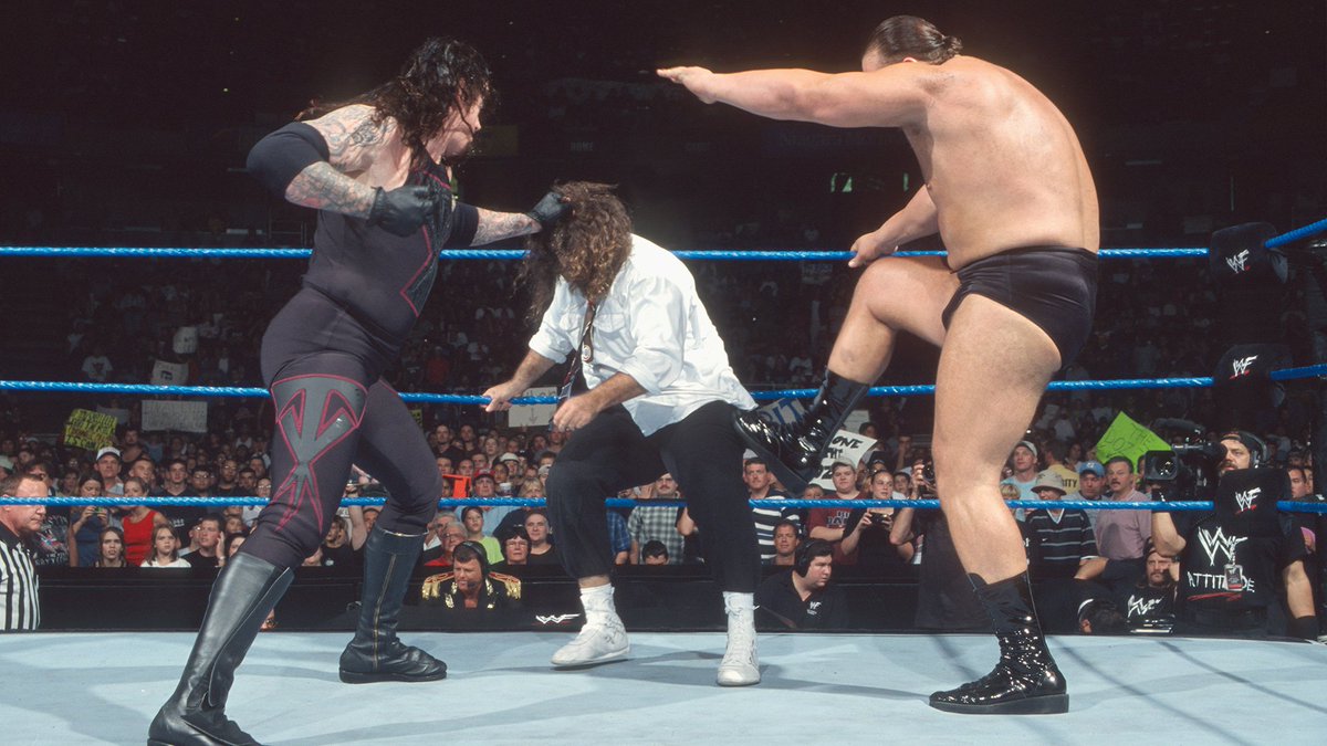 WWFWrestling1's tweet photo. 📸 Photos from this day in 1999, when Undertaker & Big Show defeated WWF Tag Team Champions, Mankind & The Rock to grab the WWF tag team titles in a 'Buried Alive' match on SmackDown! #WWF #WWE #SmackDown #TheRock #Mankind #BigShow #Undertaker https://t.co/v74FTTOLHZ
