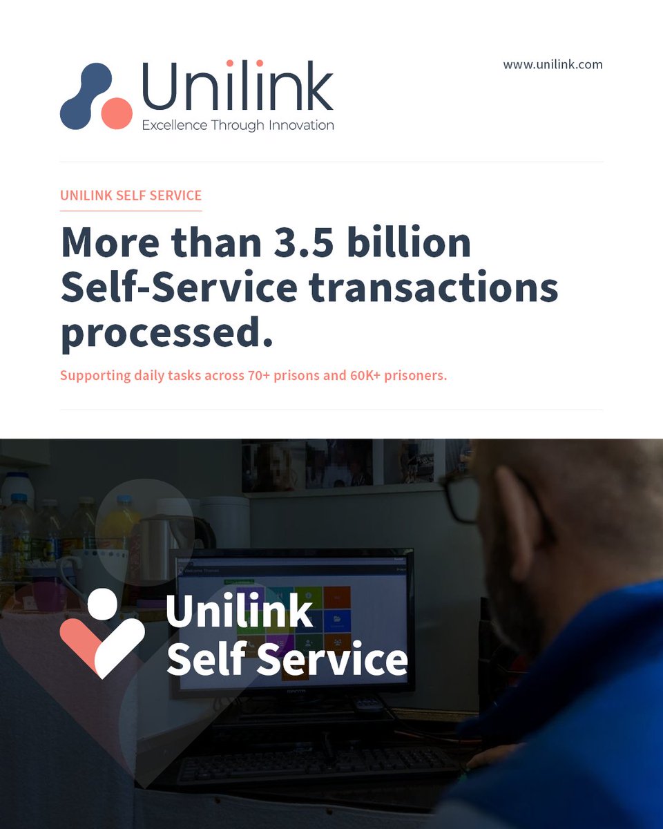 UnilinkSW's tweet photo. More than 3.5bn transactions have been processed through Unilink Self-Service. Applications, service requests, visits, menus, balances, timetables, notices and phone credit can all be managed within the operational and security boundaries set by the prison https://t.co/LSELZe34oD https://t.co/Bvbn2R97ET